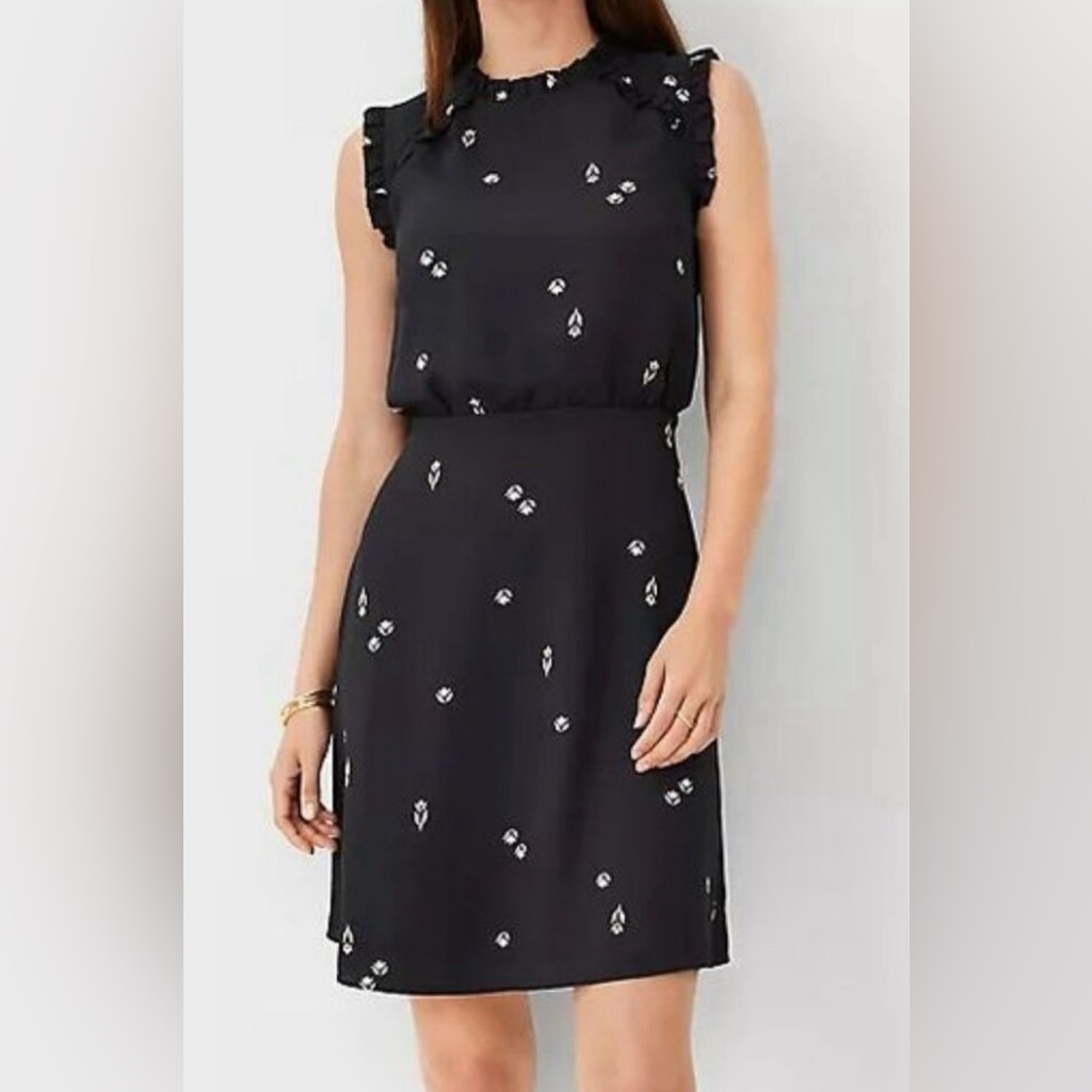 Ann Taylor Black Midi Dress With White Floral Accents Nwt